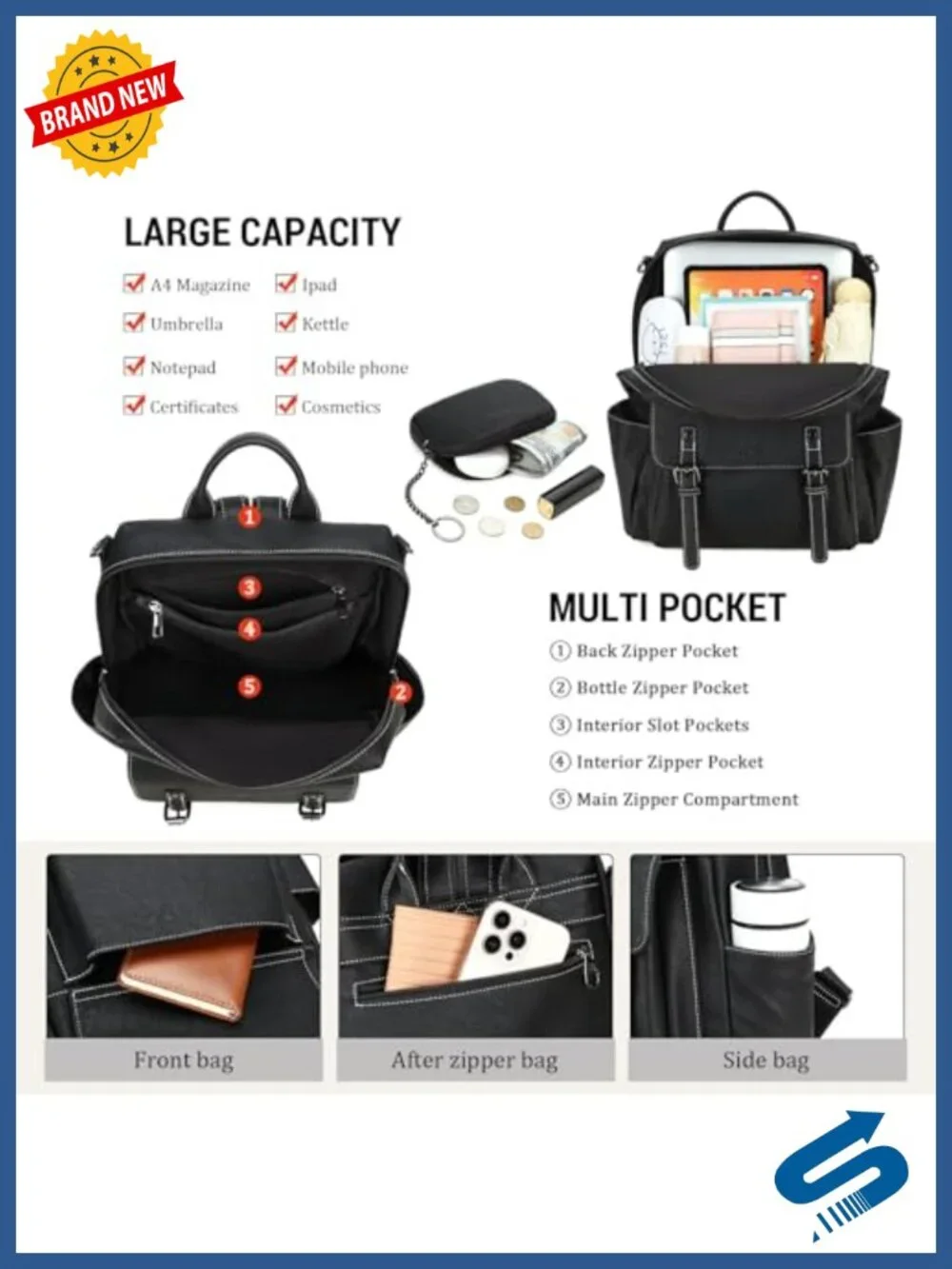 Women's Faux Leather Backpack Purse Large Capacity Convertible Handbag